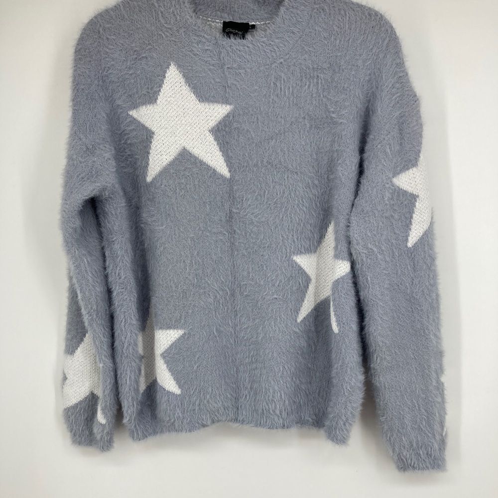 Cliche Fuzzy Star Soft Sweater Grey/White Color Size L - Picture 2 of 7